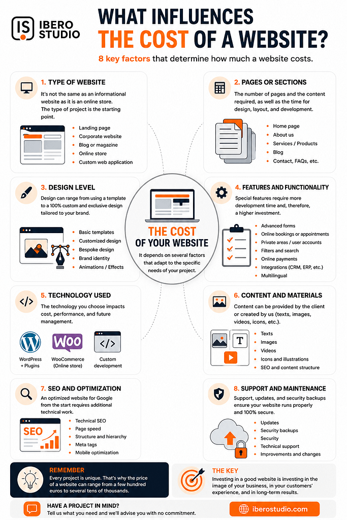 How Much Does a Website Cost in Murcia in 2026? 2 Infographic explaining the 8 key factors that influence website cost in Murcia, including website type, pages, design, features, technology, content, SEO and maintenance.