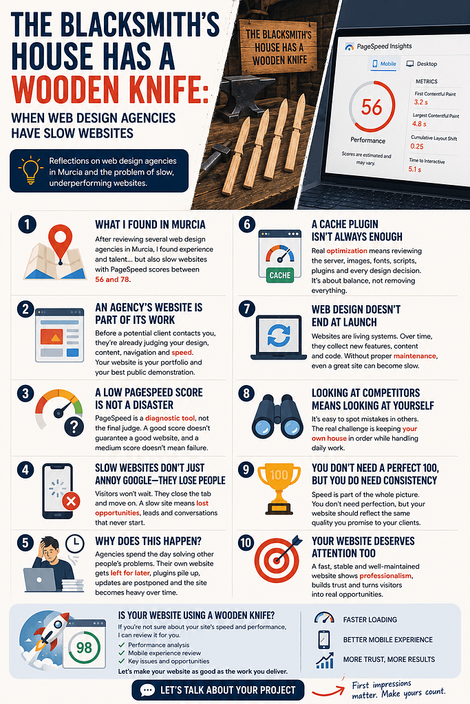 The Blacksmith’s House Has a Wooden Knife: When Web Design Agencies Have Slow Websites 3 Infographic about slow web design agency websites, PageSpeed performance, website maintenance, user experience, and the importance of practising what you preach.