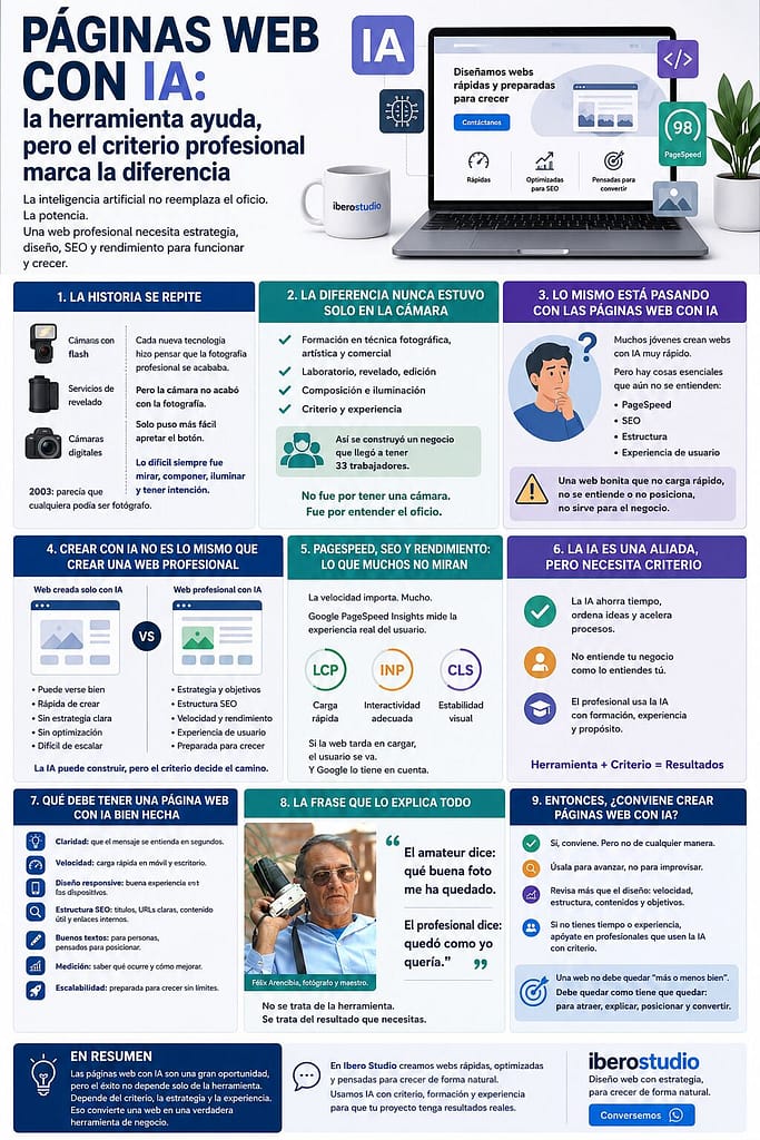 Páginas web con IA: la herramienta ayuda, pero el criterio profesional marca la diferencia 2 Infografía sobre páginas web con IA, SEO, PageSpeed y criterio profesional en diseño web