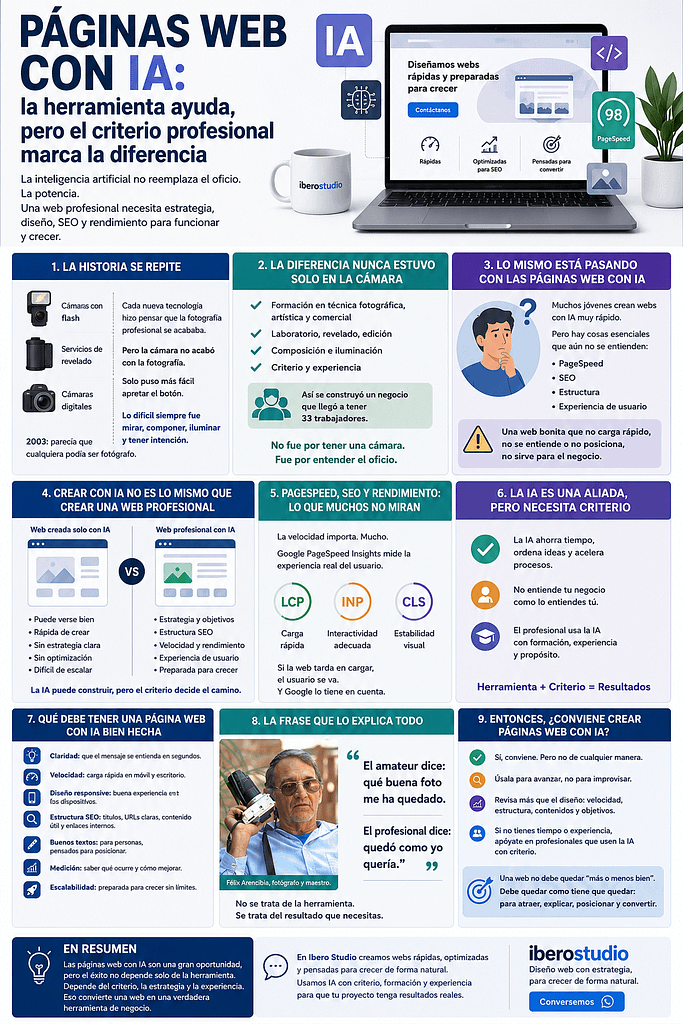Páginas web con IA: la herramienta ayuda, pero el criterio profesional marca la diferencia 2 Infografía sobre páginas web con IA, SEO, PageSpeed y criterio profesional en diseño web