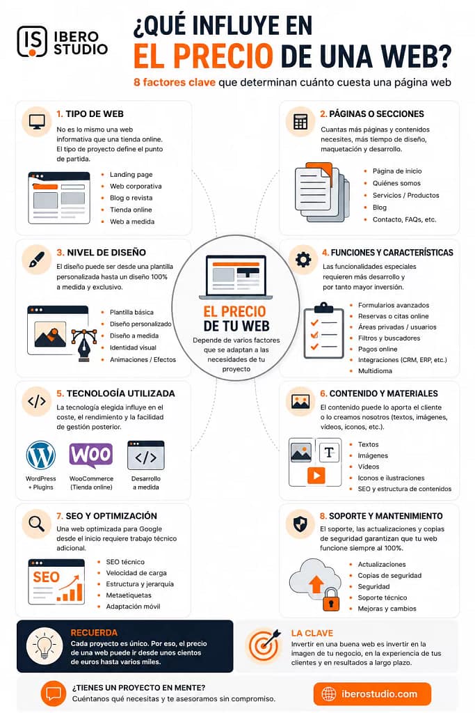 ¿Cuánto cuesta una página web en Murcia en 2026? 2 Infografía sobre los factores que influyen en cuánto cuesta una página web en Murcia en 2026, incluyendo tipo de web, diseño, funciones, tecnología, SEO, contenidos y mantenimiento.