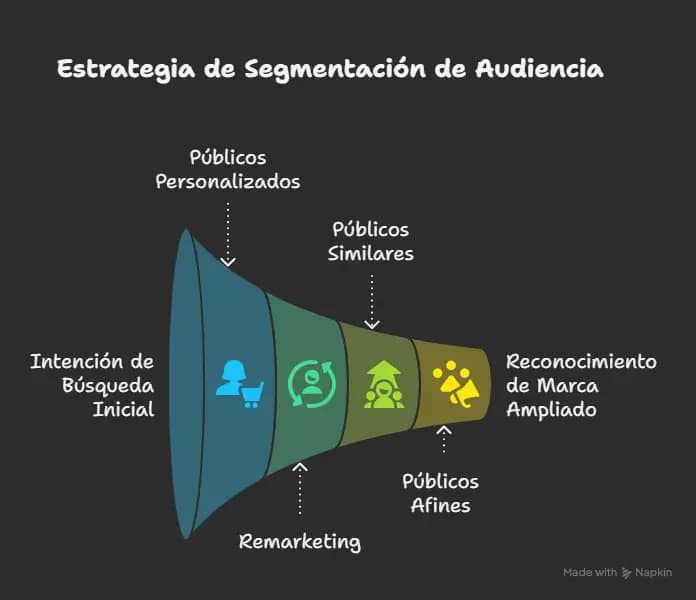 Segmentación en Google Ads: La Clave Para Venderle a Quien de Verdad Quiere Comprarte 2 Diagrama en forma de embudo que muestra la estrategia de segmentación en Google Ads desde la intención de búsqueda hasta el reconocimiento de marca, incluyendo públicos personalizados, similares, afines y remarketing. Imagen del artículo de iberostudio.com sobre segmentación Google Ads.