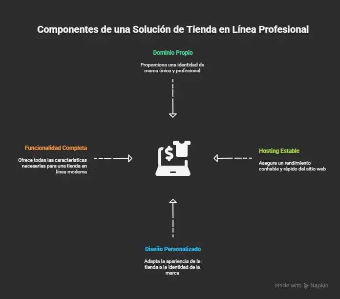 Hacer una tienda online gratis: el sueño bonito que puede terminar en pesadilla (y cómo evitarlo) 2 Infografía que muestra los componentes esenciales para evitar las limitaciones de hacer una tienda online gratis: dominio propio, hosting estable, diseño personalizado y funcionalidad completa. Imagen del artículo de Iberostudio sobre cómo crear una tienda online profesional y sin restricciones.