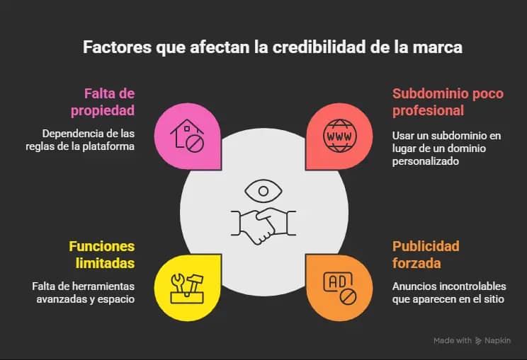 Crear página web gratis: el engaño moderno que te sale caro (y cómo evitarlo con Iberostudio) 2 Infografía que muestra las 4 trampas más comunes al crear página web gratis: subdominio poco profesional, publicidad forzada, funciones limitadas y falta de propiedad. Imagen creada para el artículo de Iberostudio sobre cómo evitar estos errores y tener una web profesional y 100% tuya.