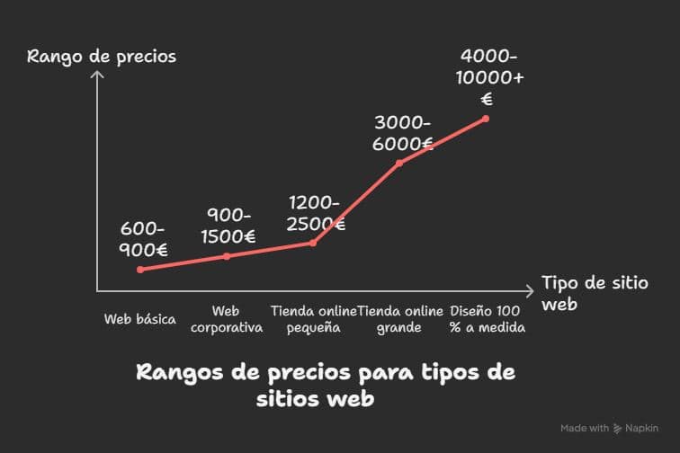 Cuánto cuesta hacer una página web en 2025: Precios, factores y cómo ahorrar 2 Cuánto cuesta hacer una página web en España según tipo: web básica (600-900 €), web corporativa (900-1500 €), tienda online pequeña (1200-2500 €), tienda online grande (3000-6000 €) y diseño 100 % a medida (4000-10000 €+).