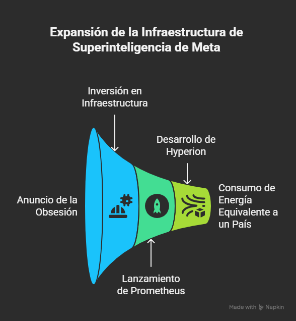 Cuando el poder quiere pensar por ti: la cruzada de Meta por la superinteligencia 2 Gráfico en forma de megáfono titulado "Expansión de la Infraestructura de Superinteligencia de Meta". Ilustra una secuencia: anuncio de la obsesión, inversión en infraestructura, lanzamiento de Prometheus, desarrollo de Hyperion y consumo energético equivalente al de un país.