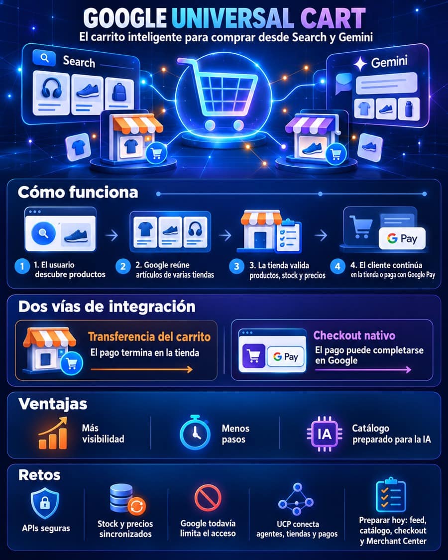 Google Universal Cart: cómo integrarlo en WooCommerce y PrestaShop 2 Infografía sobre Google Universal Cart, UCP, integración de carritos, ventajas y retos para comercios electrónicos